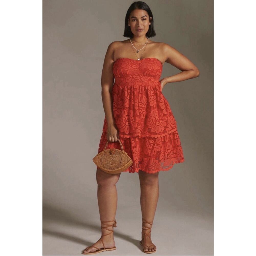 Anthropologie Maeve Dress Large Petite Red Orange Strapless Floral Lace Tiered